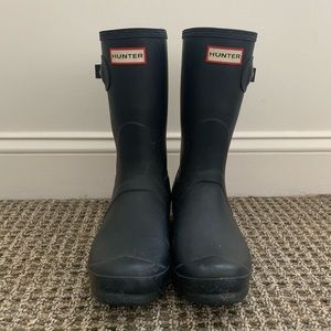 Navy Hunter rain boots. Mid calf height